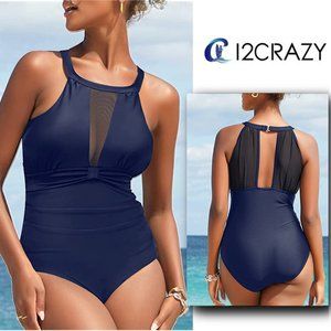 I2CRAZY High Neck Plunge Mesh Ruched Swimsuit  🏝️  NEW WITH TAG!!!